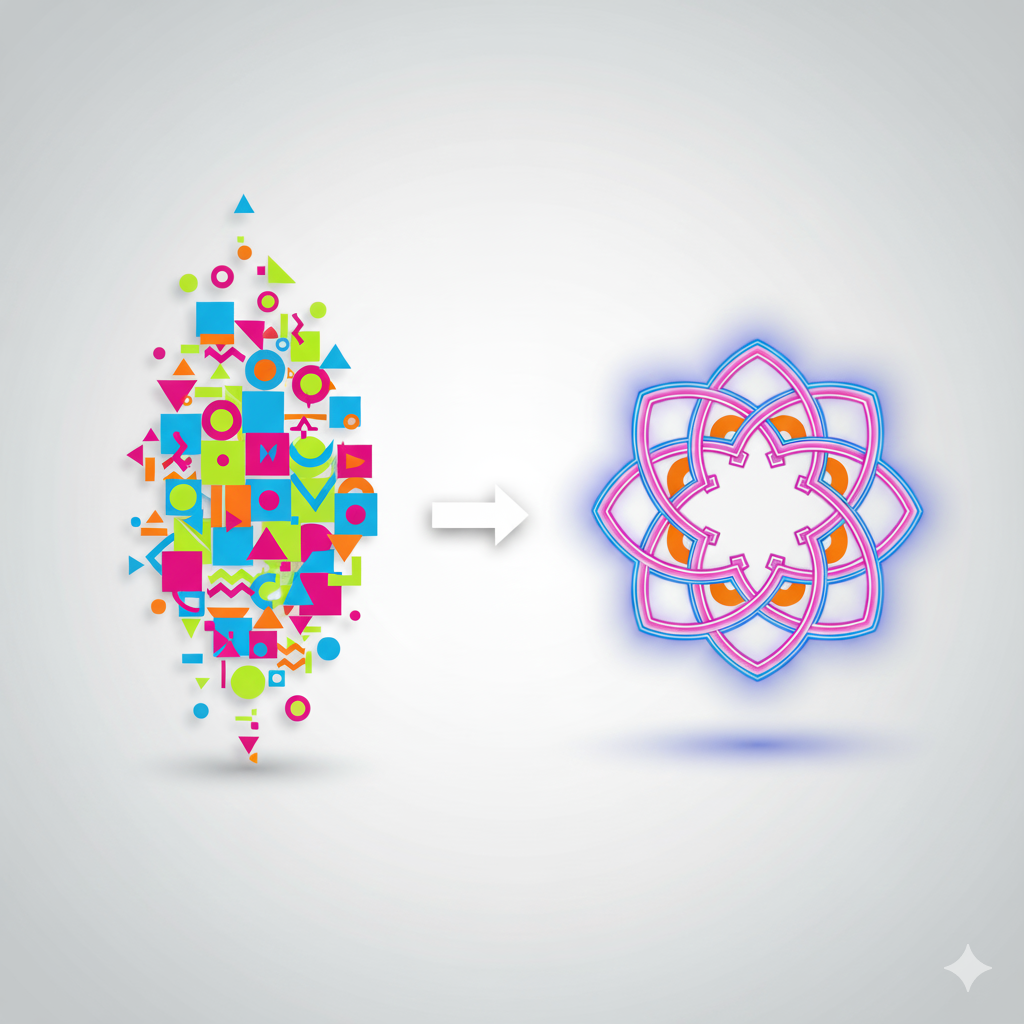 Illustration, die den Prozess von der Idee zum fertigen Design darstellt. Links ist eine Ansammlung von bunten, ungeordneten geometrischen Formen (Quadrate, Kreise, Dreiecke) zu sehen. Ein weißer Pfeil zeigt nach rechts auf ein symmetrisches, abstraktes, leuchtendes Blumenmuster in Pink, Orange und Blau. Symbol für Kreativität, Ordnung und Designprozess.
