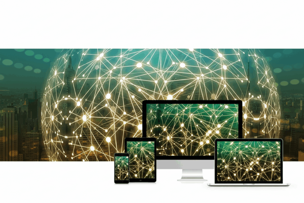 Digitale Illustration der globalen Vernetzung und des Internets, dargestellt durch ein leuchtendes Netzwerkgeflecht in Kugelform vor einer Skyline. Im Vordergrund sind ein Smartphone, Tablet, Desktop-Monitor und Laptop zu sehen, deren Bildschirme das gleiche Netzwerk zeigen. Symbol f&uuml;r digitale Transformation und Konnektivit&auml;t.