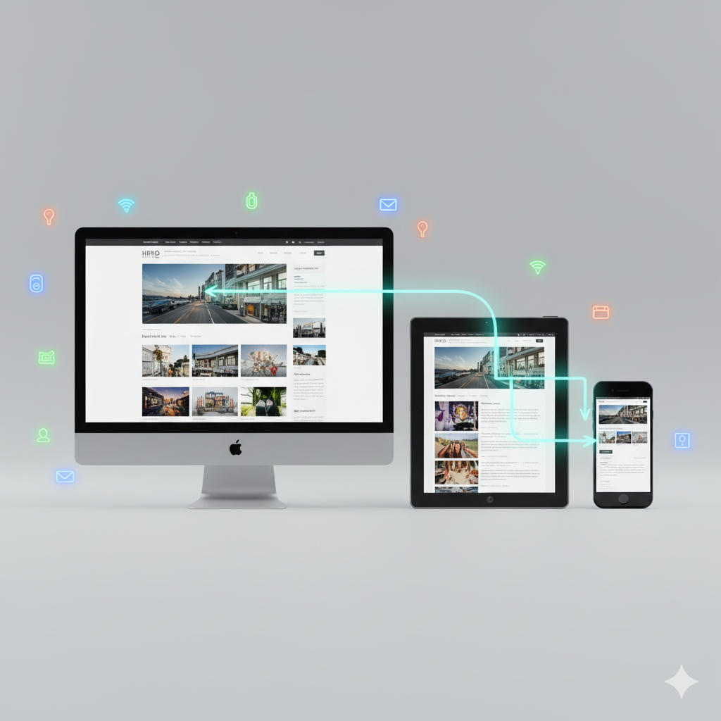 Illustration des responsiven Webdesigns: Eine Webseite wird nahtlos von einem Desktop-Monitor über ein Tablet bis hin zu einem Smartphone skaliert dargestellt. Der Datentransfer wird durch neonblaue Linien und leuchtende Icons (WLAN, E-Mail, Kalender) symbolisiert, die die geräteübergreifende Funktion hervorheben.