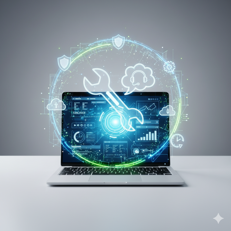 Digitale Illustration eines modernen Laptops, dessen Bildschirm eine Benutzeroberfläche mit Datenanalysen und Dashboards zeigt. Über dem Laptop schwebt ein großes, leuchtendes Schraubenschlüssel-Symbol, umgeben von einem virtuellen Kreis mit Icons für Cloud-Services, IT-Sicherheit (Schild), Kundensupport (Headset-Wolke) und Zeitmanagement. Symbolisiert umfassende IT-Lösungen, Wartung und digitalen Support.