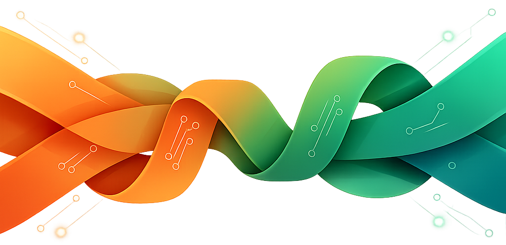 Eine abtrakte Illustration von ineinander verschlungenen, flie&szlig;enden B&auml;ndern in leuchtenden Orange- und Gr&uuml;nt&ouml;nen auf einem hellgrauen Hintergrund. Die B&auml;nder sind mit dezenten, wei&szlig;en Schaltkreis-Symbolen und feinen Linien verziert, die ein technologisches Thema suggerieren.