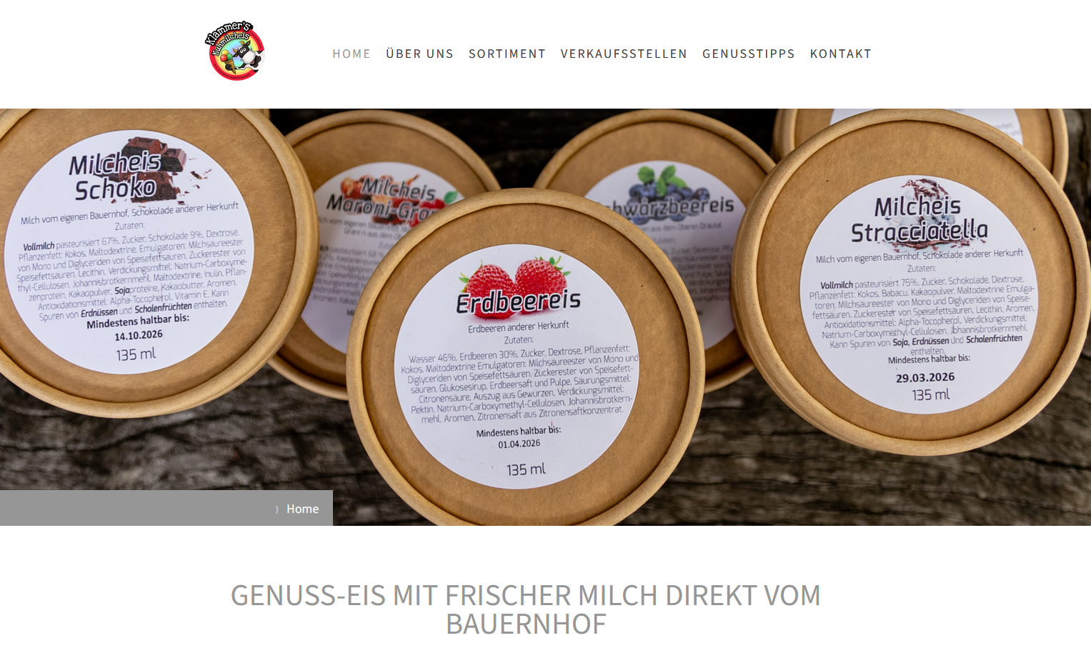 Website für Klammers Kuhmilcheis mit verschiedenen Eissorten