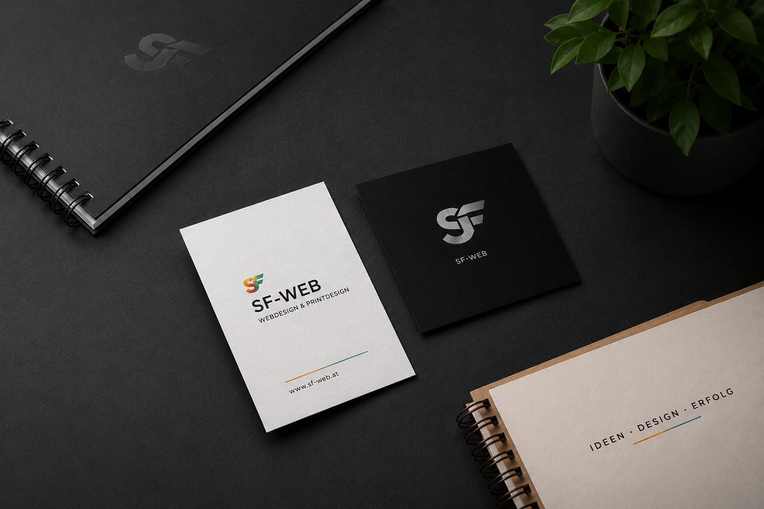 SF-web Visitenkarten und Branding auf schwarzem Schreibtisch