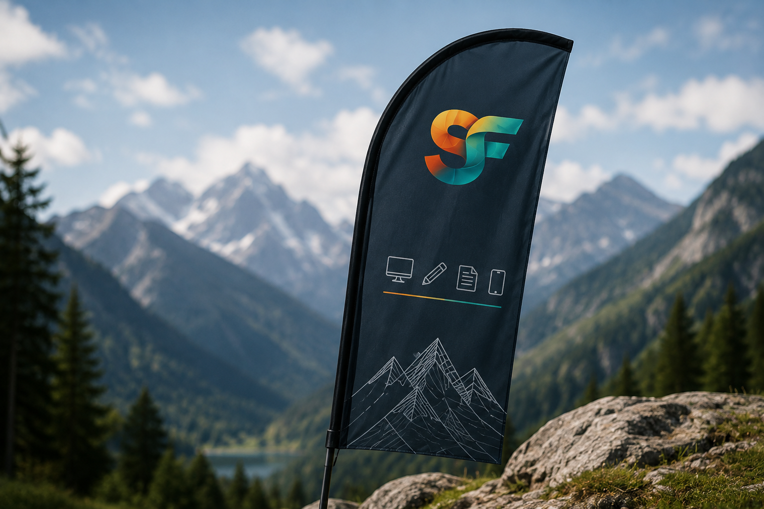 SF-web Werbefahne vor Berglandschaft in Kärnten